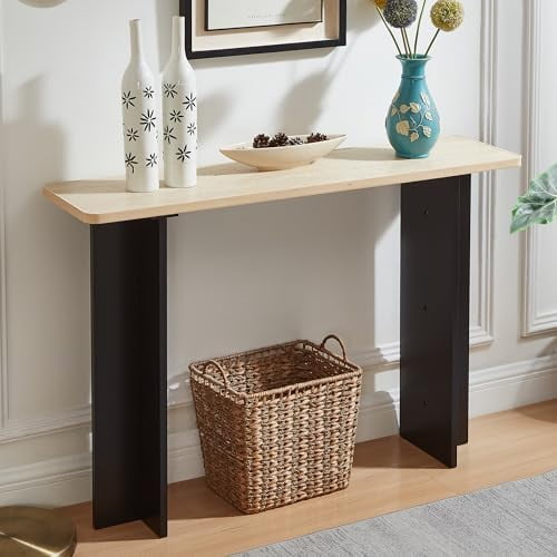 Modern Faux Travertine Console Table with Black Wood Legs 46.8" Wabi-Sabi Entryway Table, Narrow Hallway Sofa Table for Japandi, Minimalist or Contemporary Decor$$Furniture