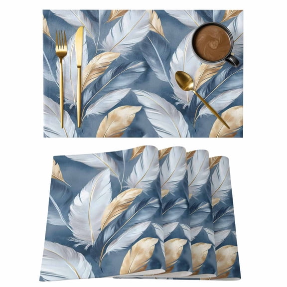 Modern Feather Placemats Set of 8 Aesthetics Gold White Blue Minimalist Place Mats Indoor Wipeable Table Mats Washable Cloth Dining Table Placemats for Kitchen Holiday Party Home Decor 13x19 Inch