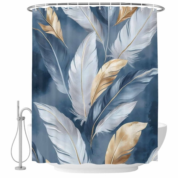 Modern Feather Shower Curtain Set - 48" x 72" Washable Bathtub Curtain with 12 Hooks, Aesthetics Gold White Blue Minimalist Waterproof Fabric Stall Shower Curtains for Bathroom/Bathtub Décor