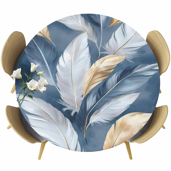 Modern Feather Table Cloth, Round Fitted Tablecloths with Elastic Edge, Aesthetics Gold White Blue Minimalist Wipeable Waterproof Table Cover for Kitchen Wedding 55-60 Inches