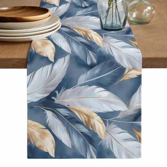 Modern Feather Table Runner, Aesthetics Gold White Blue Minimalist Washable Cotton Linen Table Runners 36 Inches Long, Dresser Scarf Runner for Nightstand/End Tables/Round Tables 13''x36''
