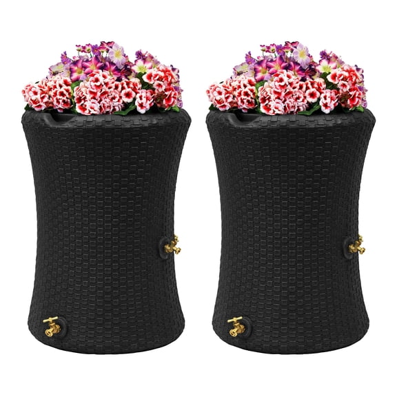 Modern Fifty Gallon Rain Water Collection Barrel Outdoor Garden Planter Rainwater Catcher Storage Unit With Mesh Screen Dual Metal Spigots Dark