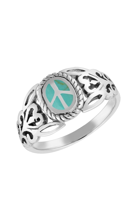 Modern Filigree Embrace Peace Symbol Green Turquoise Sterling Silver Ring-10