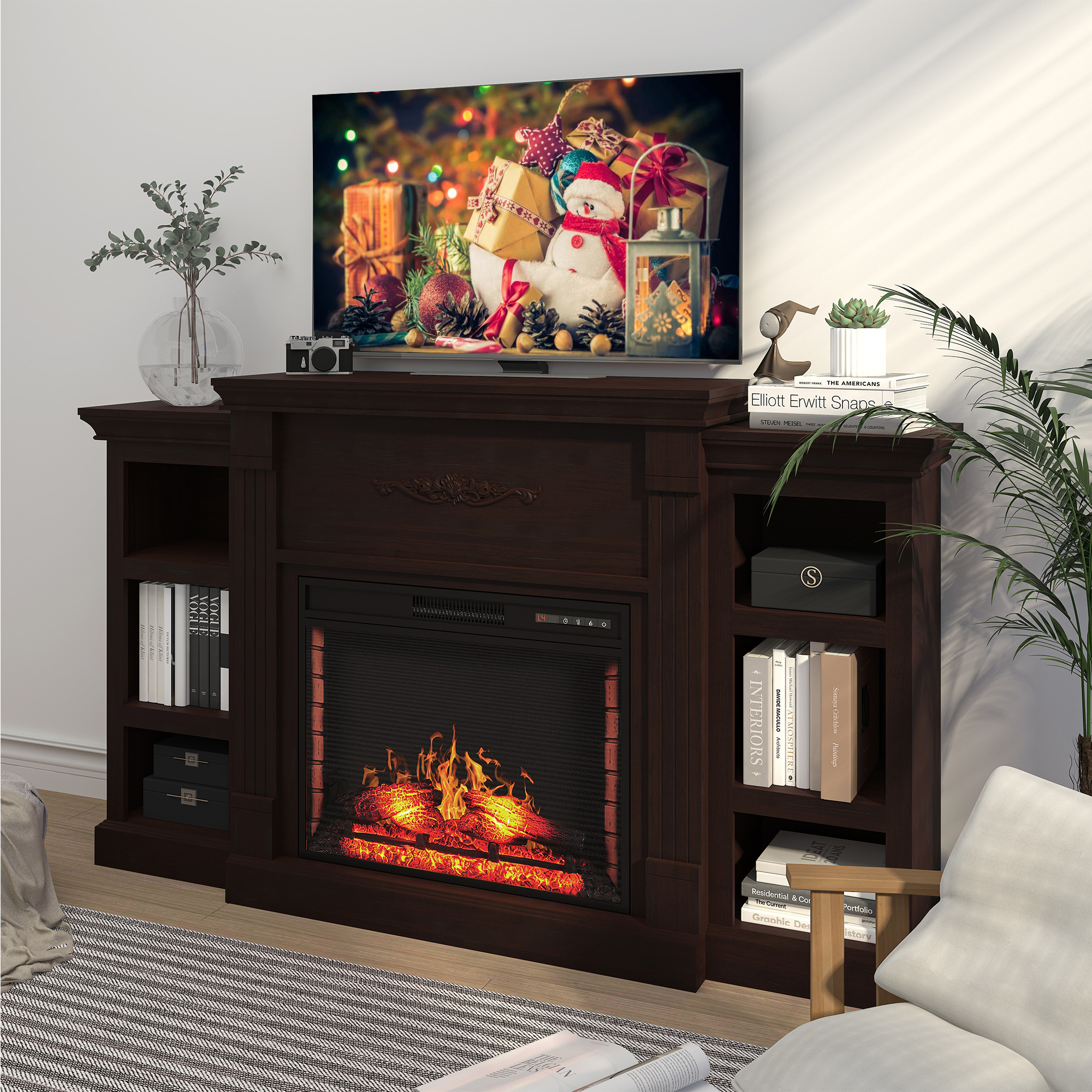Modern Fireplace TV Console, 70" TV Stand w/ 28" Electric Fireplace, 6