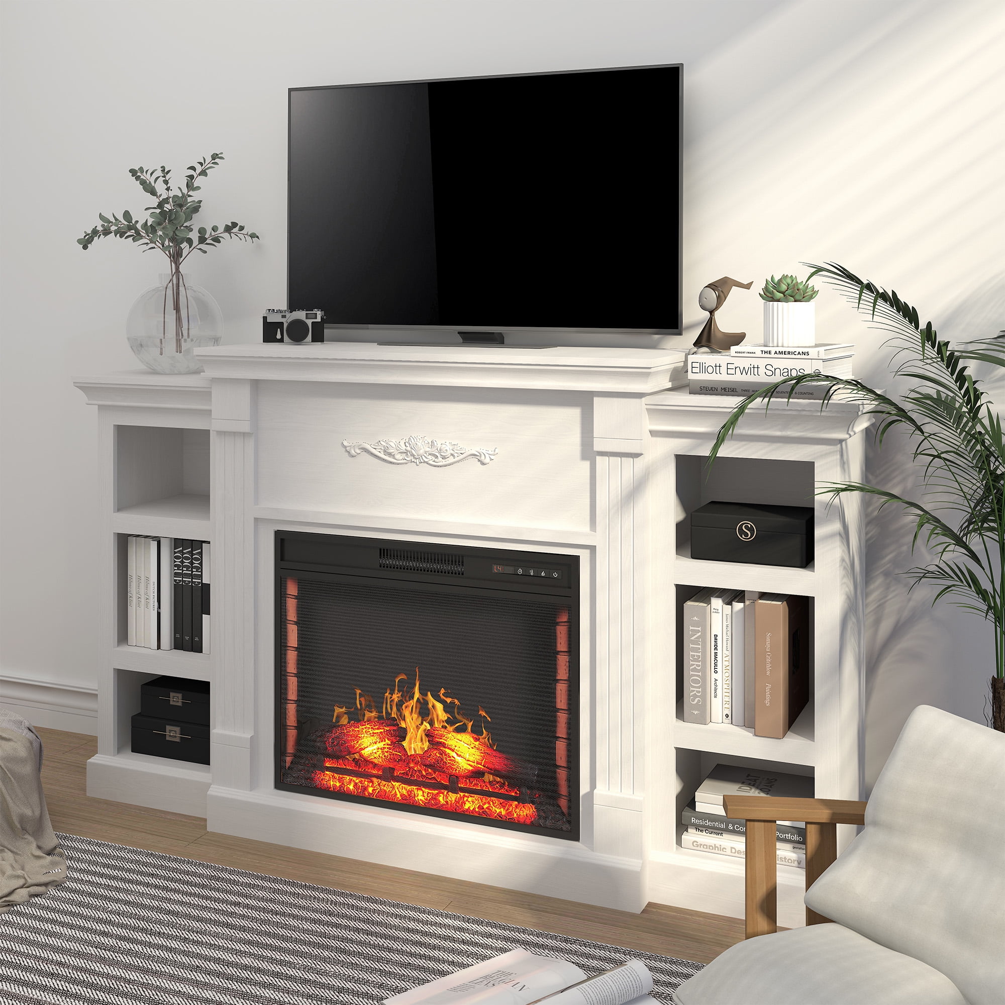 Modern Fireplace TV Console, 70" TV Stand w/ 28" Electric Fireplace, 6