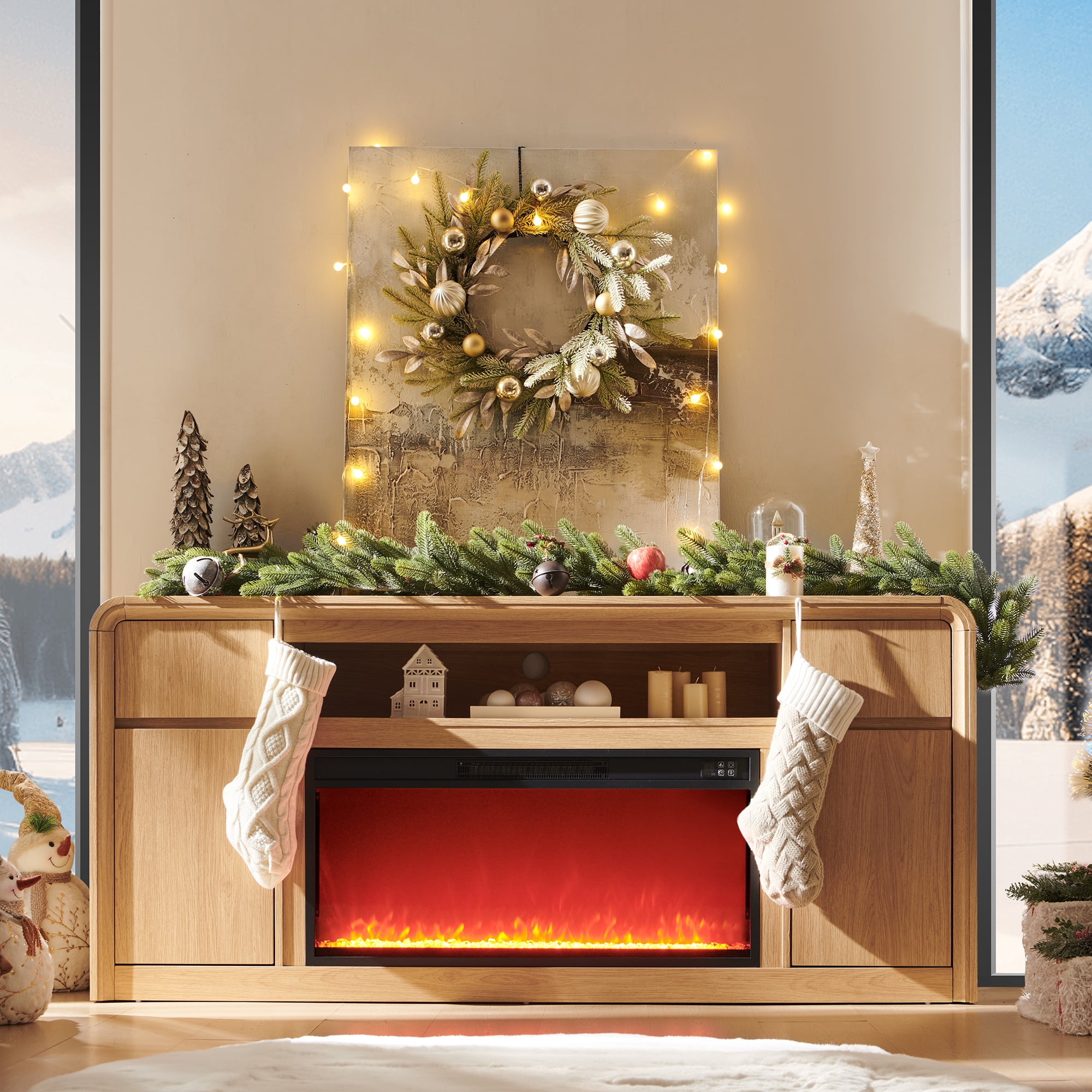 Modern Fireplace TV Stand for 75 inches TV, 36" Electric Fireplace w/ Wood Media Console, 32" Tall Entertainment Center & Adjustable Shelves for Living Room, Curved Profile Design