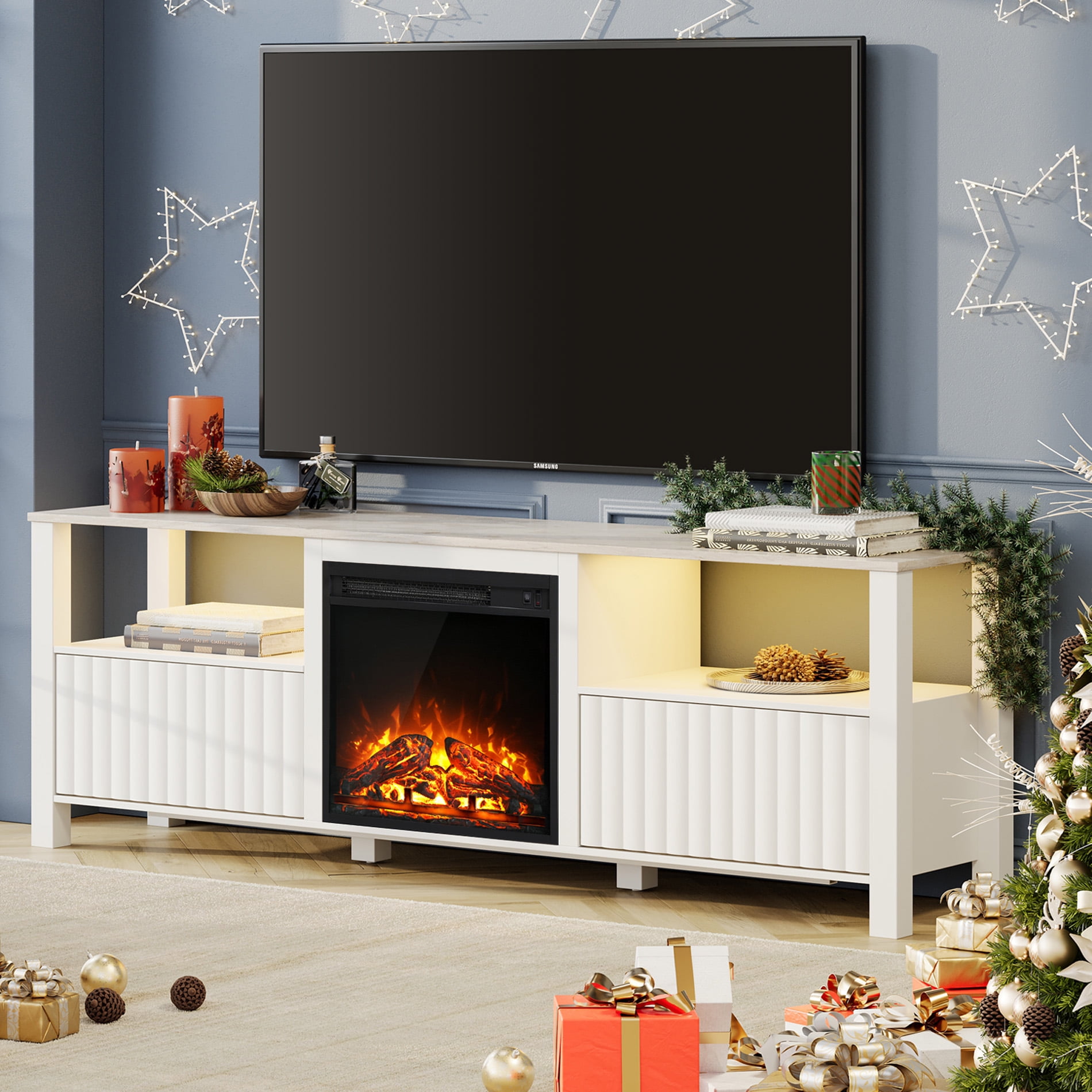 Modern Fireplace TV Stand for 75 inch TV, Entertainment Center with