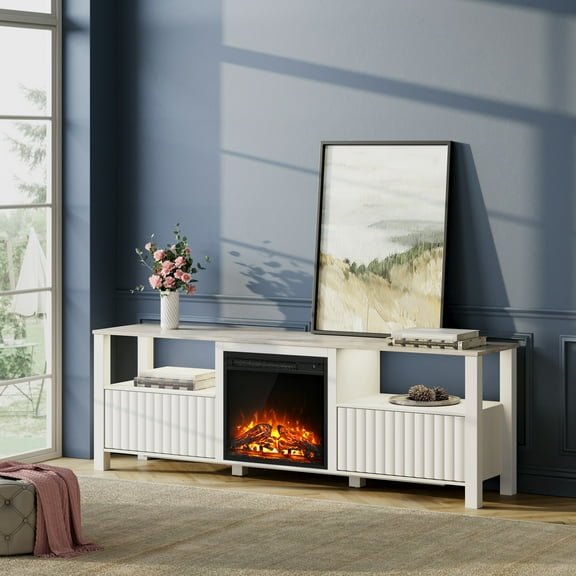 Modern Fireplace TV Stand for 75 inch TV, LED Entertainment Center with Storage Cabinets, White