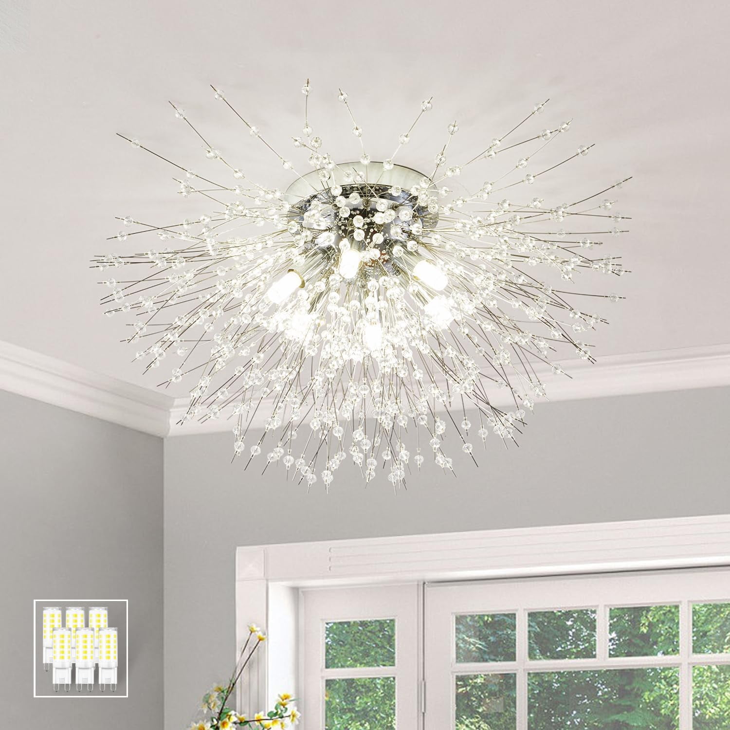 Modern Firework 19.7 in. W 6-light Modern Silver Flush Mount Ceiling Light  Modern Crystal Flush Mount Ceiling Light Fixture 19.7" Sputnik Close to Ceiling Light 6-Light Chrome Dandelion