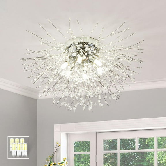 Modern Firework 19.7 in. W 6-light Modern Silver Flush Mount Ceiling Light Modern Crystal Flush Mount Ceiling Light Fixture 19.7" Sputnik Close to Ceiling Light 6-Light Chrome Dandelion