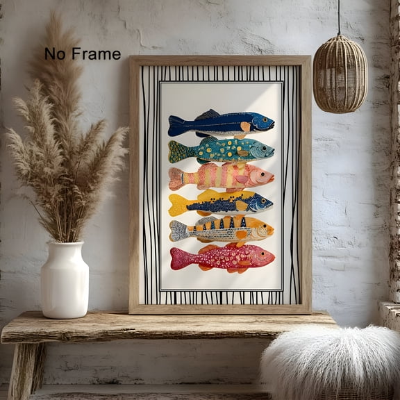 Modern Fish Poster Minimalist Nautical Wall Art Beige Striped Seafood Illustration Marine Decor for Bedroom Living Room Office Dorm Restaurants Hotels, UNFRAMED 24x36