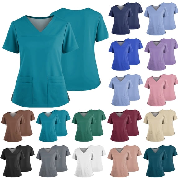 Modern Fit Scrub Top for Women V Neck Short Sleeve 2 Pocket Soft Stretch Work Top with Side Slits Featuring Comfortable Fit and Long Lasting Material, #01 Turquoise, 4XL