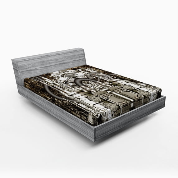 Ambesonne Grey Fitted Sheet, Bike Engine Cars Photo, Full Size, Grey and Dark Brown
