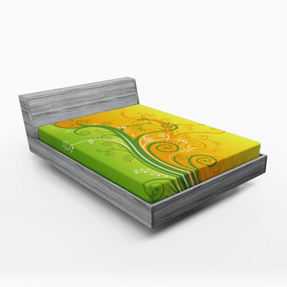 Modern Fitted Sheet, Floral Flower Swirls Leaves on the Branches Design Modern Print, Soft Decorative Fabric Bedding, Full Size, Pale Green Marigold, by Ambesonne