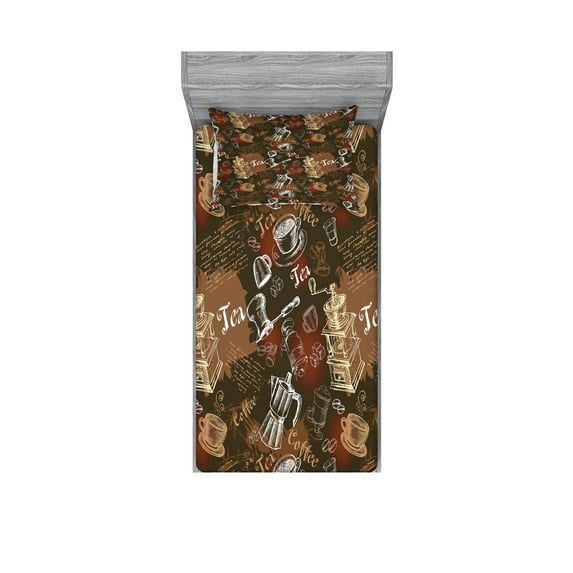 Modern Fitted Sheet & Pillow Sham Set, Coffee Culture Theme with Italian Espresso French Press Tea Art, Decorative Printed 4 Piece Bedding Decor Set, Twinxl, Caramel Brown Redwood, by Ambesonne