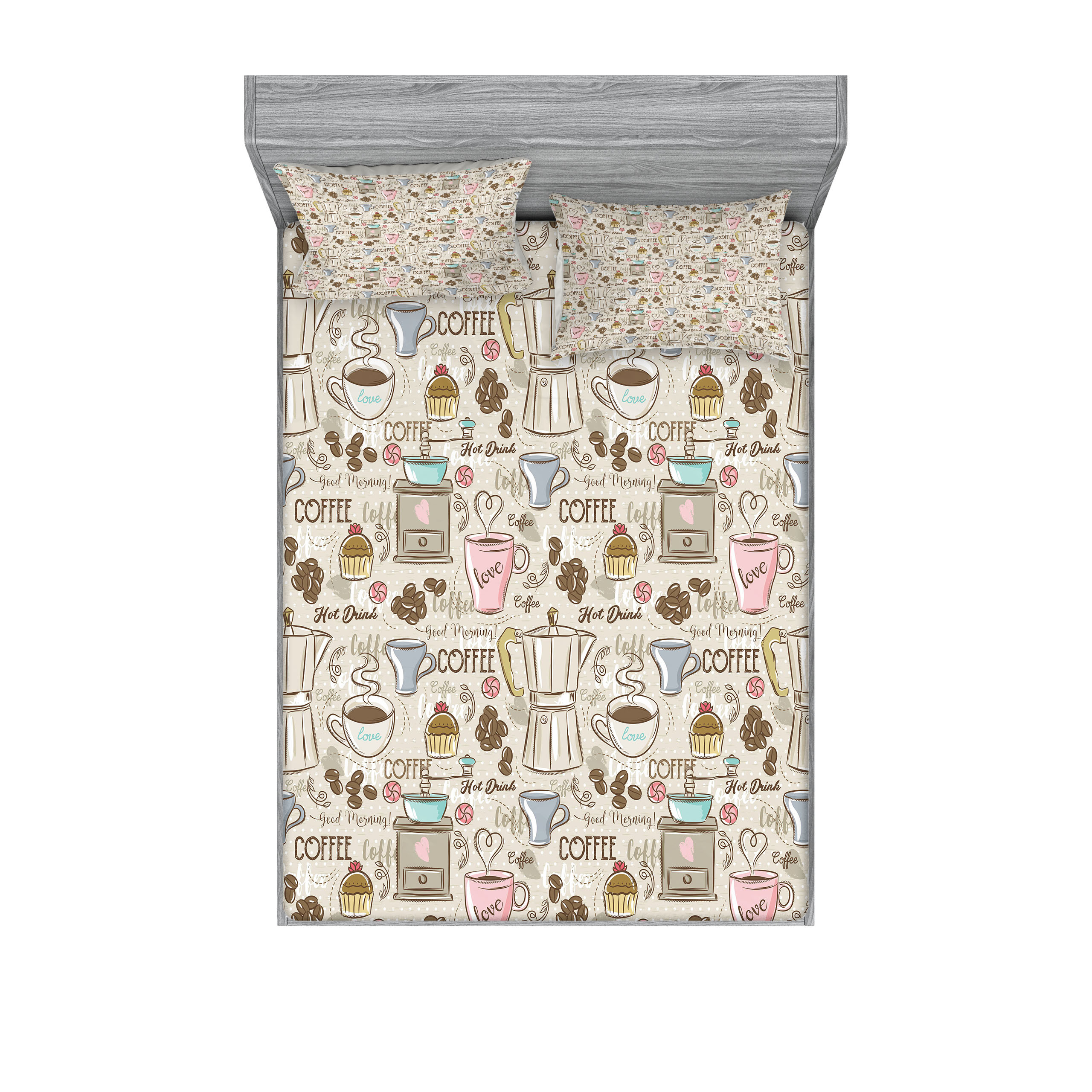 Modern Fitted Sheet & Pillow Sham Set, Coffee Time Vintage Espresso