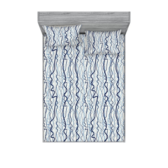 Modern Fitted Sheet & Pillow Sham Set, Grunge Scribbles Vertical Curvy Stripes Zigzags Minimalist Art Print, Decorative Printed 3 Piece Bedding Decor, Calking, Dark Sky Blue and Sky Blue, by Ambesonne