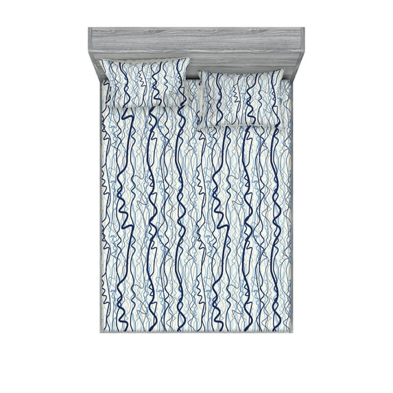Modern Fitted Sheet & Pillow Sham Set, Grunge Scribbles Vertical Curvy Stripes Zigzags Minimalist Art Print, Decorative Printed 3 Piece Bedding Decor, King, Dark Sky Blue and Sky Blue, by Ambesonne
