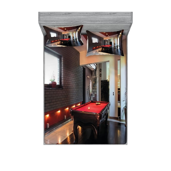 Modern Fitted Sheet & Pillow Sham Set, House with Snooker Table Hobby Pool Game Flat Furniture Leisure Time Print, Decorative Printed 6 Piece Bedding Decor Set, Queen, Red Brown White, by Ambesonne