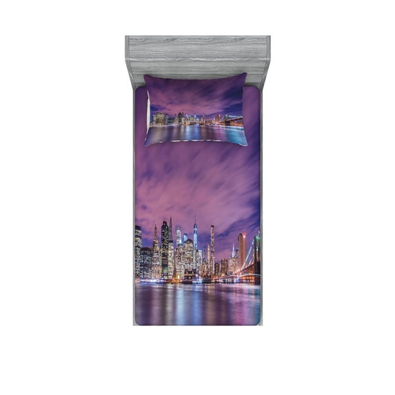 Modern Fitted Sheet & Pillow Sham Set, New York City Skyline at Night with Skyscrapers Manhattan USA American Panorama, Decorative Printed 4 Piece Bedding Decor Set, Twin, Violet Purple, by Ambesonne