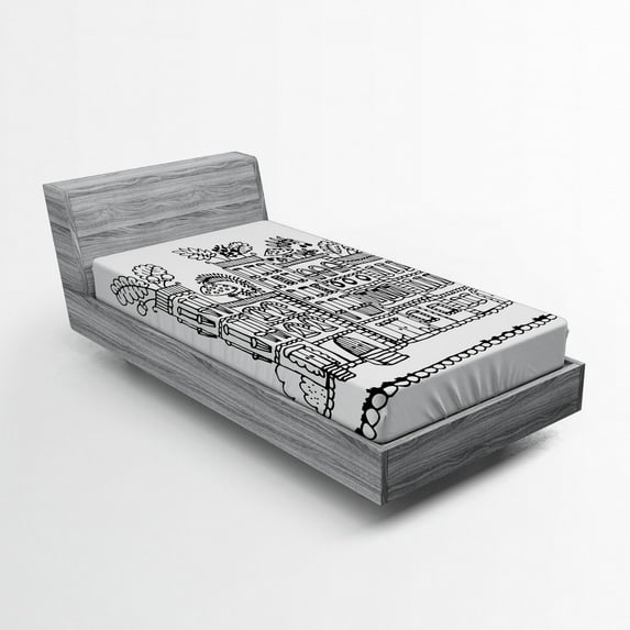 Ambesonne Modern Fitted Sheet, Sketchy Cartoon Drawing Art, Twin Size, White and Black