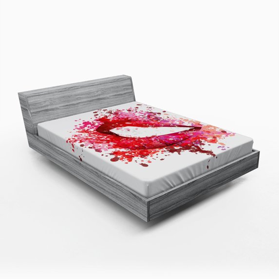 Ambesonne Modern Fitted Sheet, Smiling Woman Lips Effects, Full Size, Fuchsia and Red