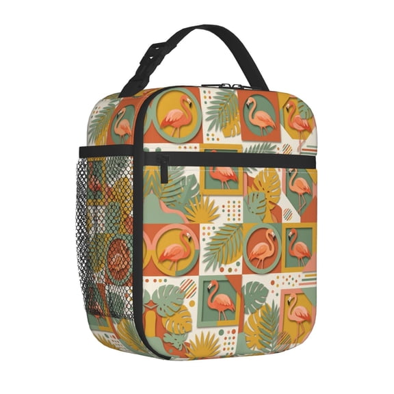 Modern Flamingo Thermal Lunch Bag – Vibrant Neon & Geometric Tropical Print, Lightweight Reusable Cooler Pouch For Office And Picnic Use