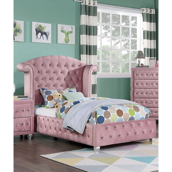 Modern Flannelette Twin Size Bed With Wingback And Silver Accents Contemporary Pink Padded Back