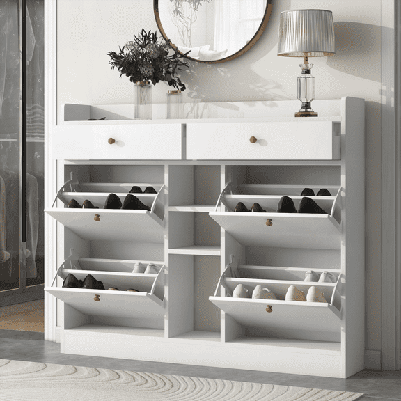 Modern Flip-Down Shoe Cabinet with 19-Pair Storage - Particle Board Organizer for Entrance Hallway, White