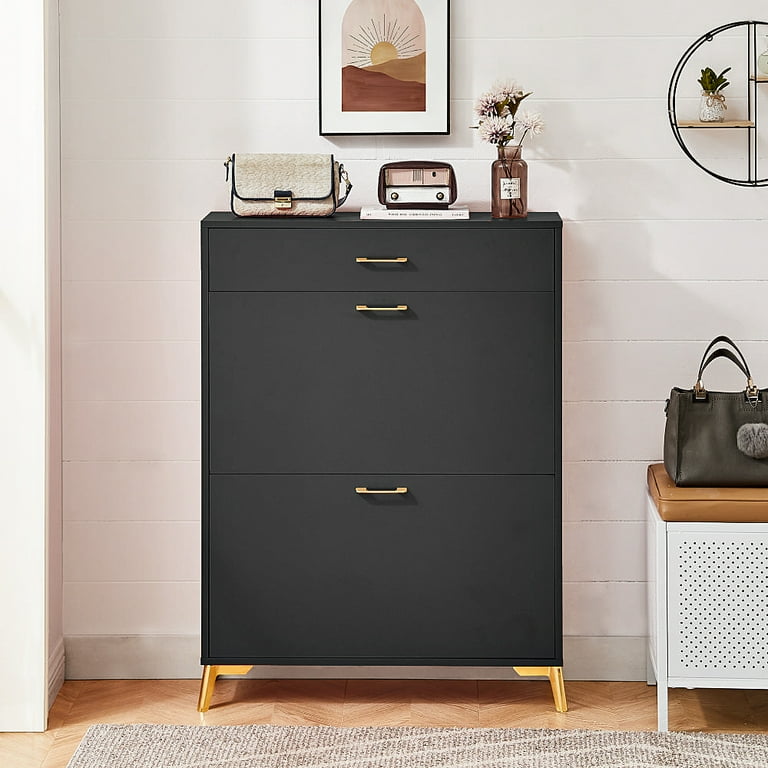 Modern Flip up Shoe Storage Cabinet with 3 Drawers Narrow Home Shoe Cabinet with Metal Legs Freestanding Shoe Organizer for Entryway Hallway