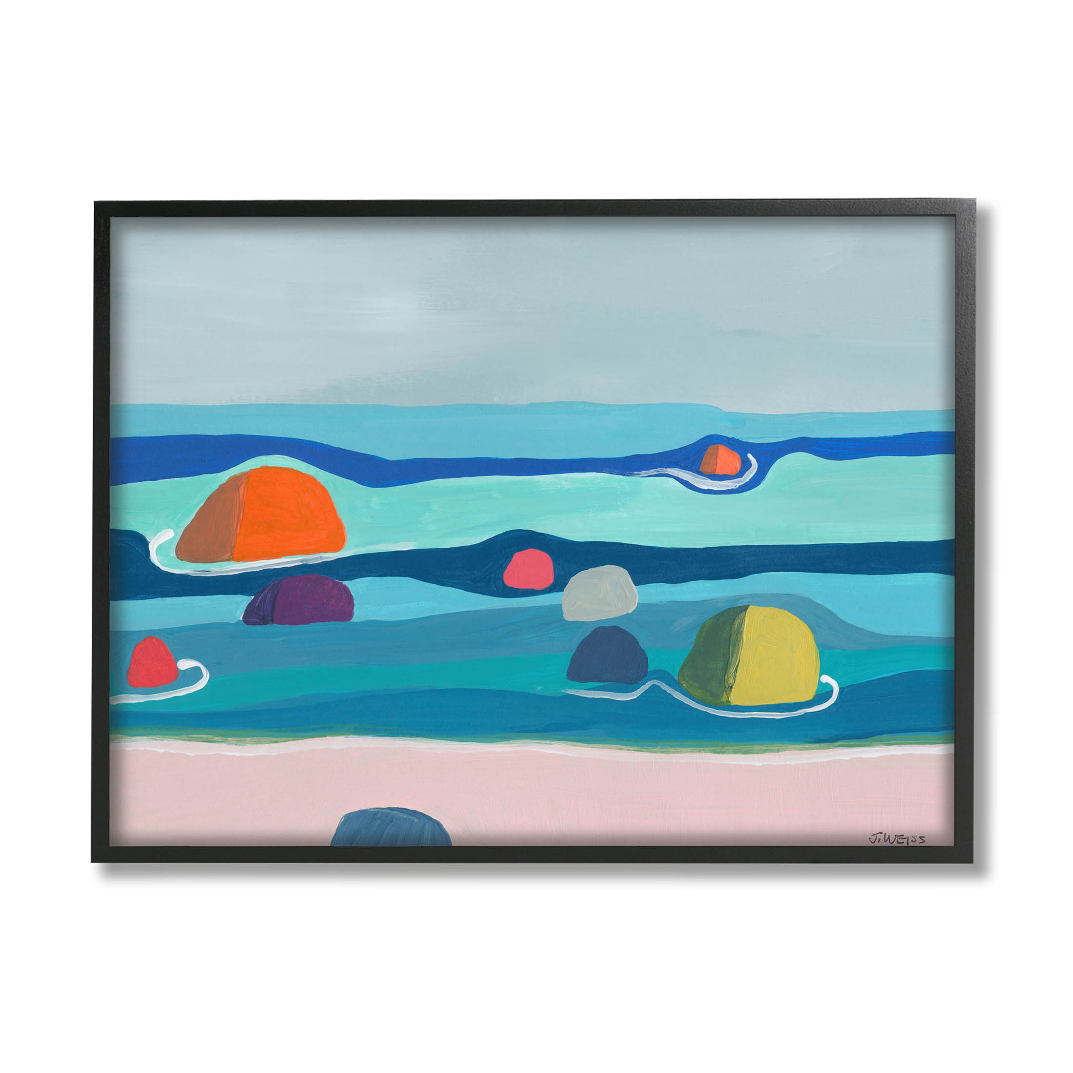 Modern Floating Beach Buoys Coastal Painting Black Framed Art Print Wall Art