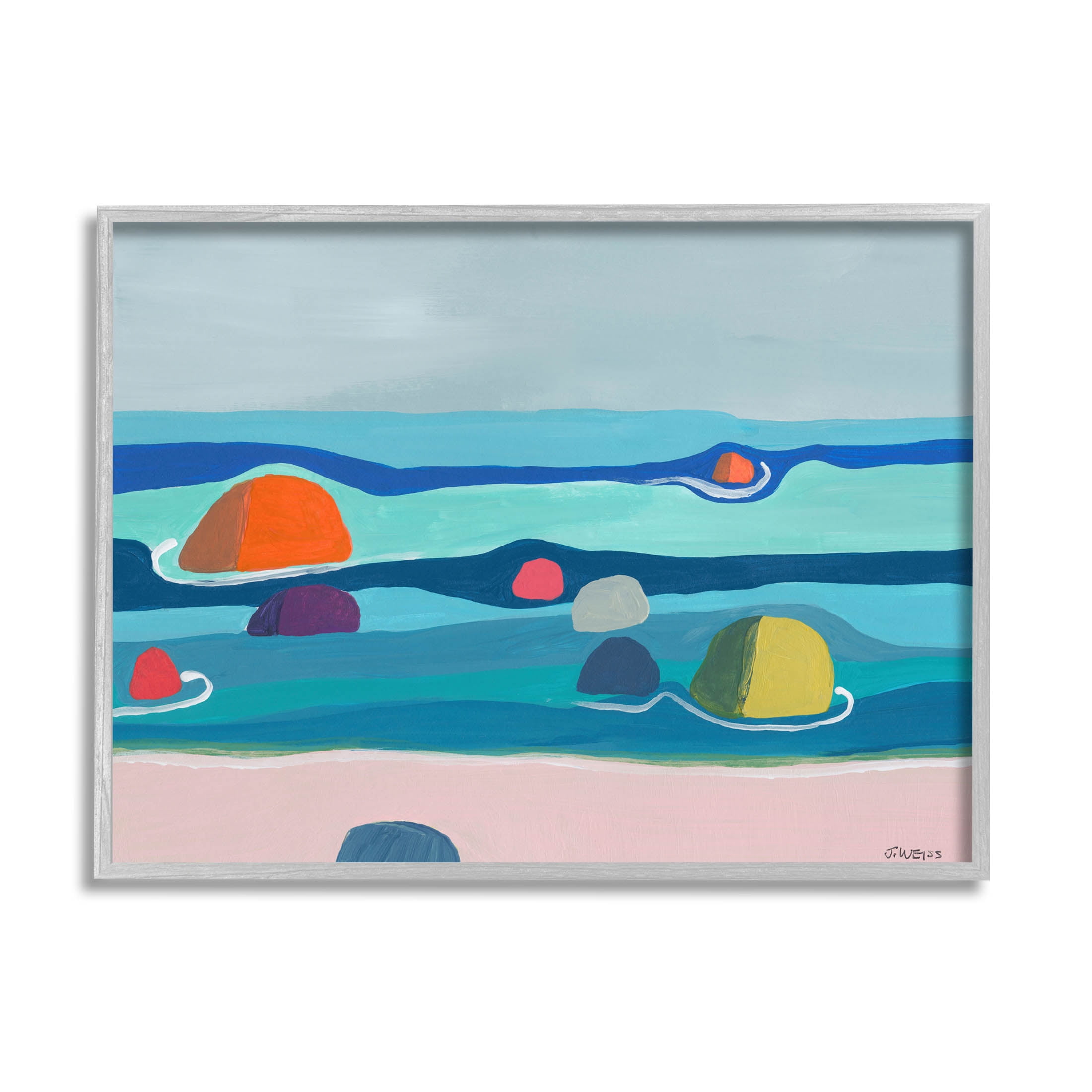 Modern Floating Beach Buoys Coastal Painting Gray Framed Art Print Wall Art
