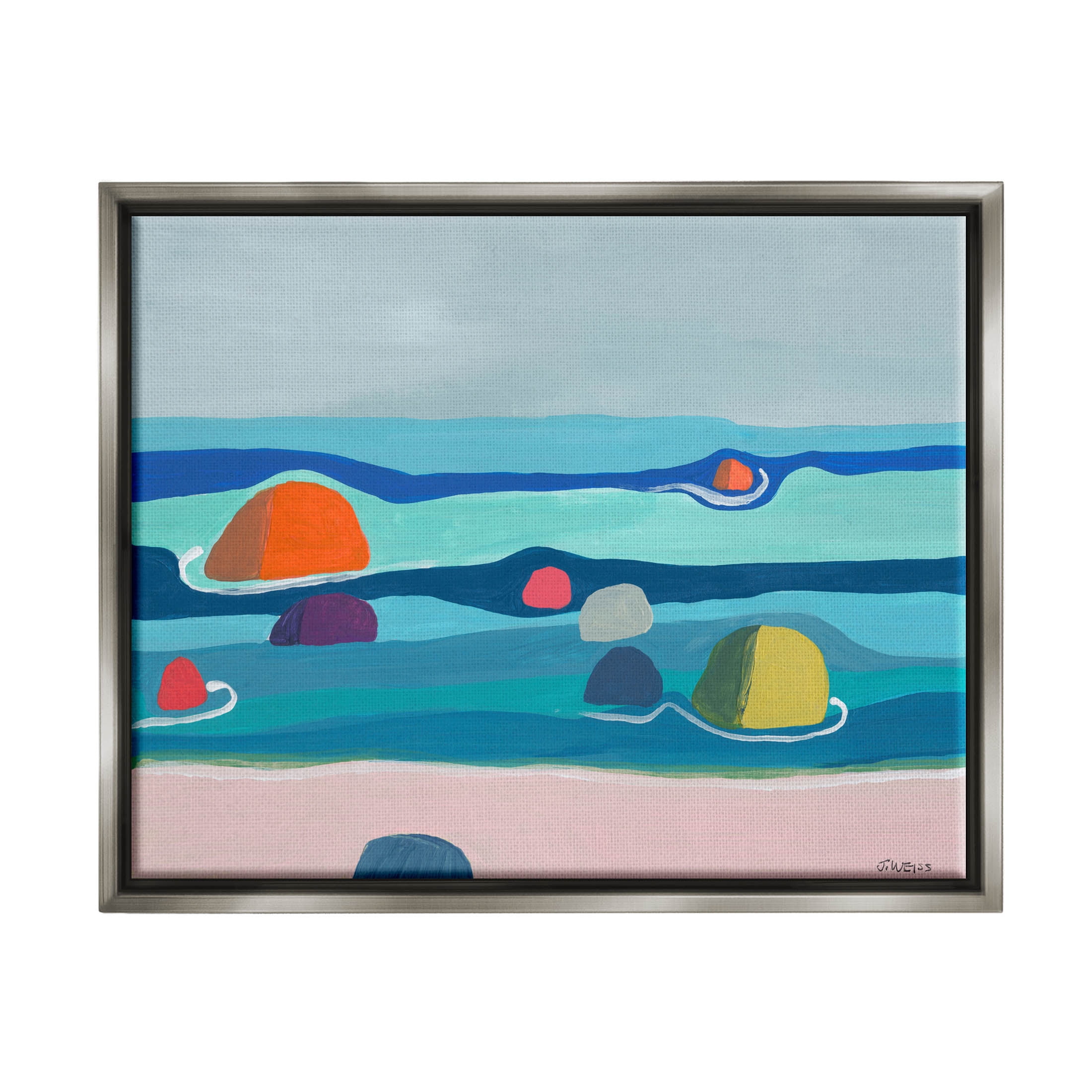 Modern Floating Beach Buoys Coastal Painting Luster Gray Framed Art Print Wall Art