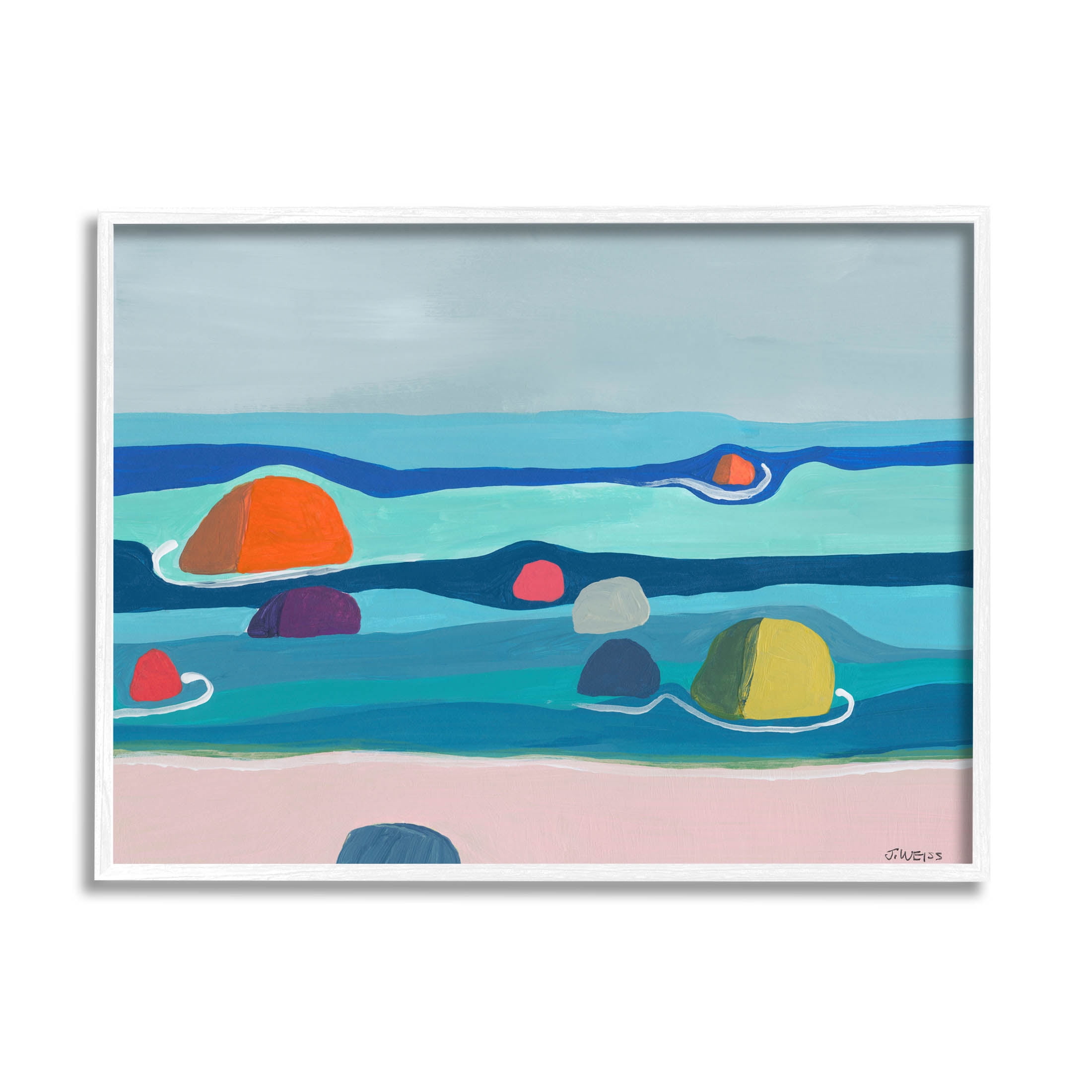 Modern Floating Beach Buoys Coastal Painting White Framed Art Print Wall Art