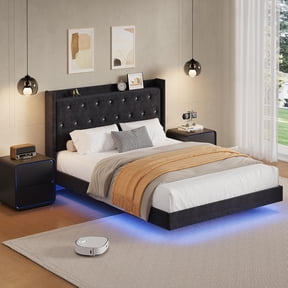 Modern Floating Bed Frame with RGB LED Lights – Soft Fabric Upholstered Storage Headboard – Noise-Free Platform, Easy Assembly, No Box Early Season – Full Size, Flannel Black