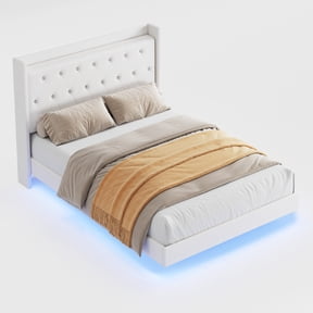 Modern Floating Bed Frame with RGB LED Lights – Soft Fabric Upholstered Wingback Storage Headboard – Noise-Free Platform, Easy Assembly, No Box Early Season – Full Size, Pure White