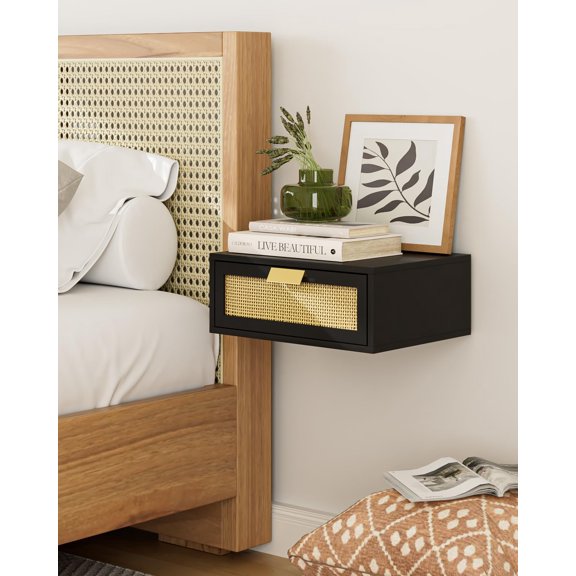 Modern Floating Bedside Table, Wall Mounted Nightstand with Rattan Drawer, Compact Floating Storage Shelf