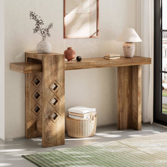 Modern Floating Console Table for Entryway, 63-Inch Wood Hall Table, Natural Oak Finish