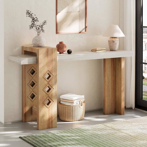 Modern Floating Console Table for Entryway, 63-Inch Wood Hall Table for Living Room or Foyer, Sand-Washed Oak Finish