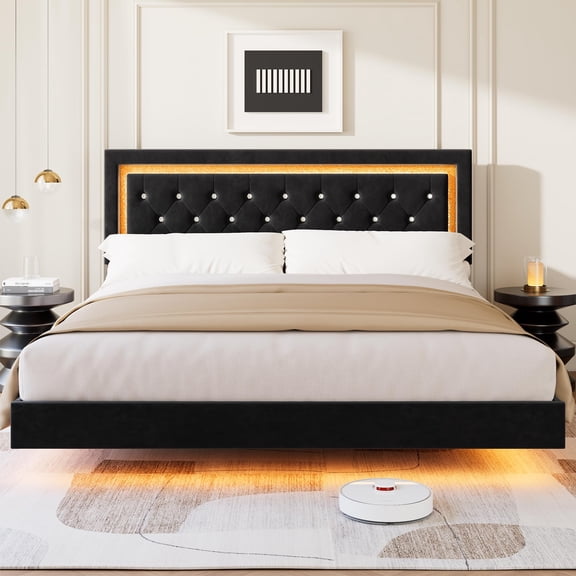Modern Floating Platform Bed Frame with Smart LED Lights, Diamond Upholstered Headboard, Sturdy Wood Slat Support, Noise-Free, Easy Assembly, No Box Spring Needed, Bedroom Furniture - KING Black