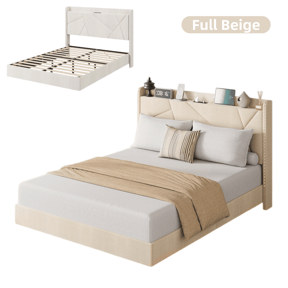 Modern Floating Platform Bed Frame with LED Lights & Charging Station - Upholstered Storage Headboard, No Box Spring Needed - Full Beige