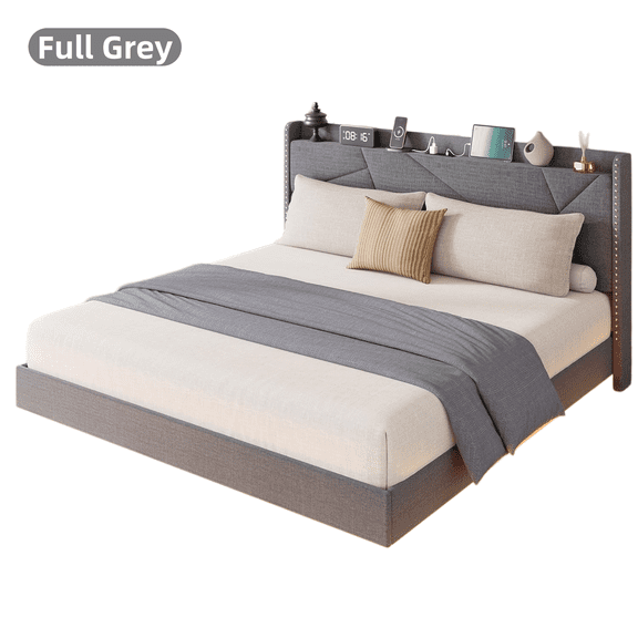Modern Floating Platform Bed Frame with LED Lights & Charging Station - Upholstered Storage Headboard, No Box Spring Needed - Full Grey