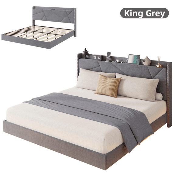 Modern Floating Platform Bed Frame with LED Lights & Charging Station - Upholstered Storage Headboard, No Box Spring Needed - King Grey