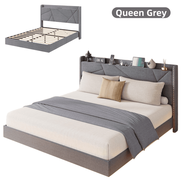 Modern Floating Platform Bed Frame with LED Lights & Charging Station - Upholstered Storage Headboard, No Box Spring Needed - Queen Grey