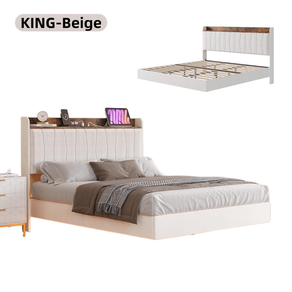 Modern Floating Platform Bed Frame with Storage Headboard & LED Lights, Charging Ports, No Box Spring Needed, King Beige