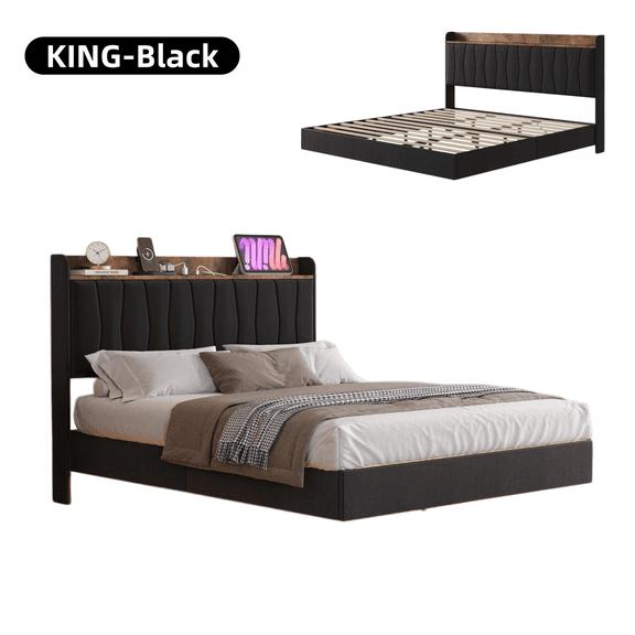 Modern Floating Platform Bed Frame with Storage Headboard & LED Lights, Charging Ports, No Box Spring Needed, King Black