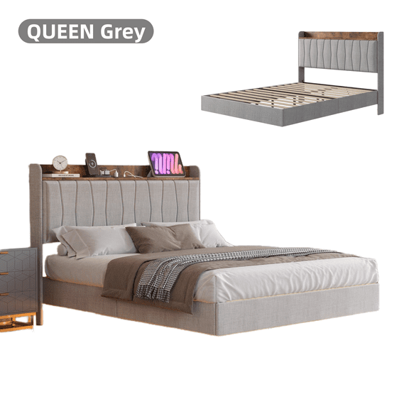 Modern Floating Platform Bed Frame with Storage Headboard & LED Lights, Charging Ports, No Box Spring Needed, Queen Grey