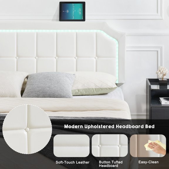 Modern Floating Queen Bed Frame with Adjustable RGB LED Headboard - Upholstered White PU Leather Platform - Heavy-Duty Metal Support - No Box Spring Needed, White (PU Leather),QUEEN (with headboard)