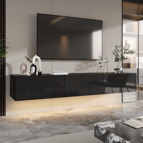 Modern Floating TV Console With LED Lighting, 63 Inch Black Wall-Mounted Media Center For Living Room