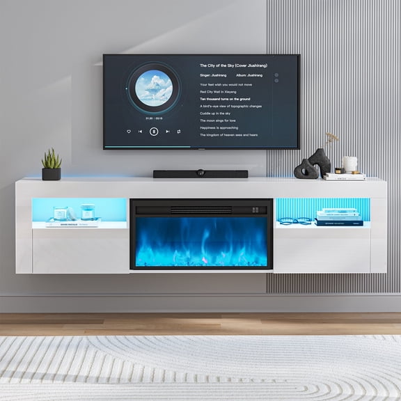 Modern Floating TV Stand with 28" Electric Fireplace, High Glossy Wall Mounted Hanging TV Stand w/2 Cabinets and LED Lights, Entertainment Center Console for Living Room for TVs Up to 80+,White